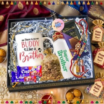 Elegant Rakhi Gift Box for Brother,Premium Mug, Bottle & Chocolates,Keychain