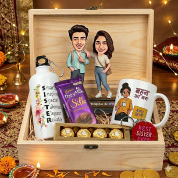 Personalized Rakhi Gift Box for Sister with Ferrero Rocher, Silk Chocolate, Custom Bottle & Standee